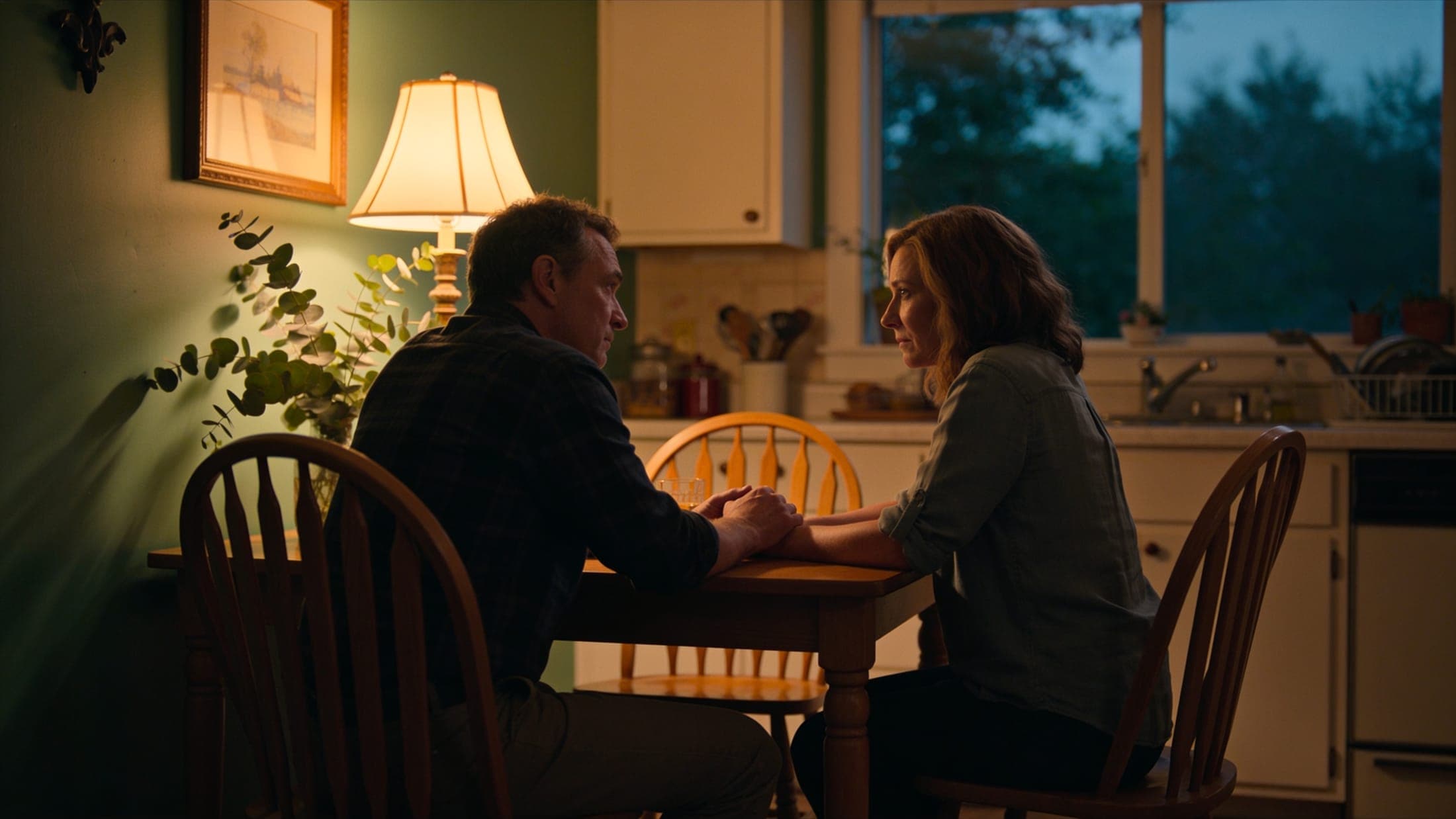 Two adults sit close at a kitchen table in the warm light of a single lamp at dusk, one gently holding the other’s hand.