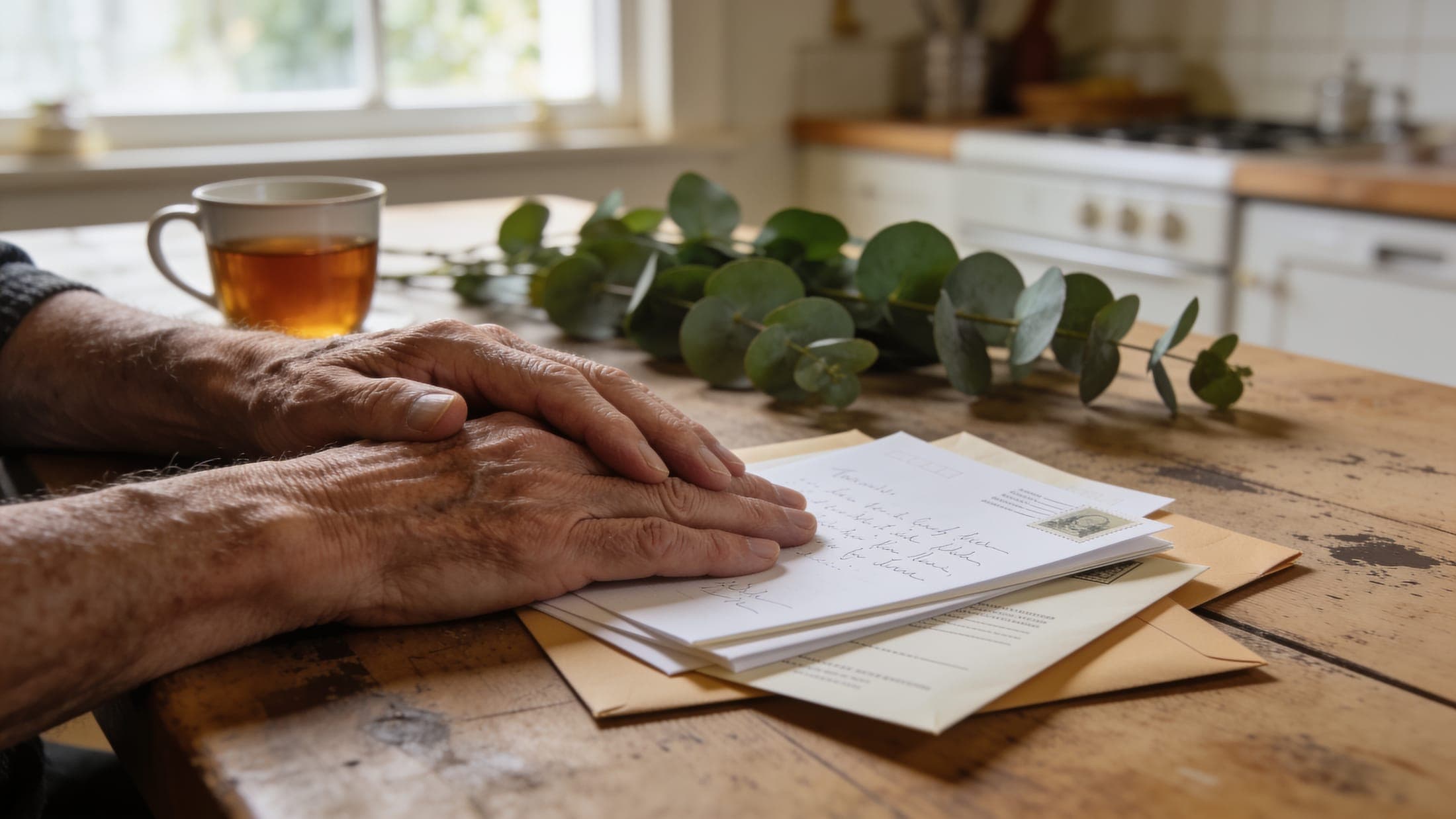 Weathered hands resting on a small stack of letters at a kitchen table.