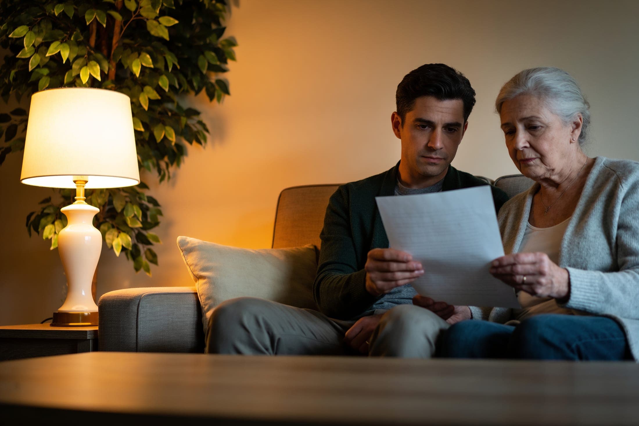 An adult son and his elderly mother sit together on a sofa, reading one letter in warm lamplight.